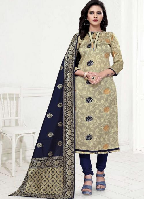 Beige Blue Banarasi Silk Festival Wear Weaving Churidar Suit